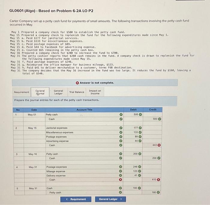  GL0601 (Algo) - Based on Problem 6-2A LO P2 Carter Company