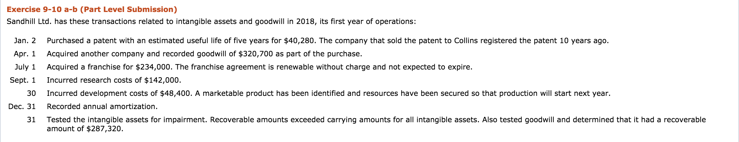  Exercise 9-10 a-b (Part Level Submission) Sandhill Ltd. has these transactions