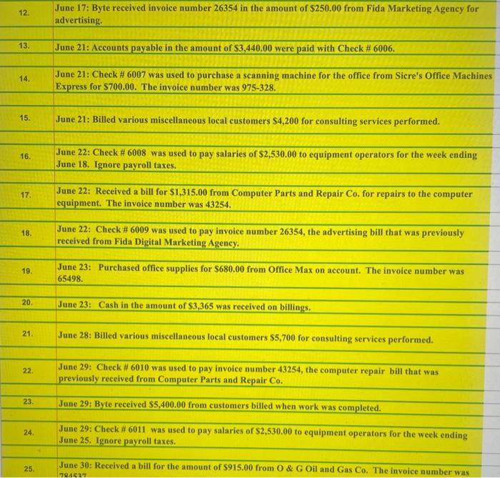 12. & \begin{tabular}{l} June 17: Byte received invoice number 26354 in the