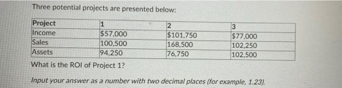  Three potential projects are presented below: Project 1 Income $57.000 Sales
