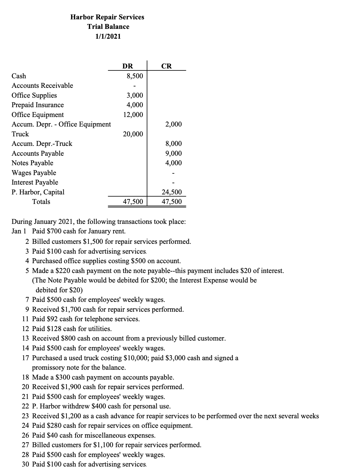 \multicolumn{3}{|c|}{ Trial Balance } \\ \hline \end{tabular} Harbor Repair Services Trial Balance