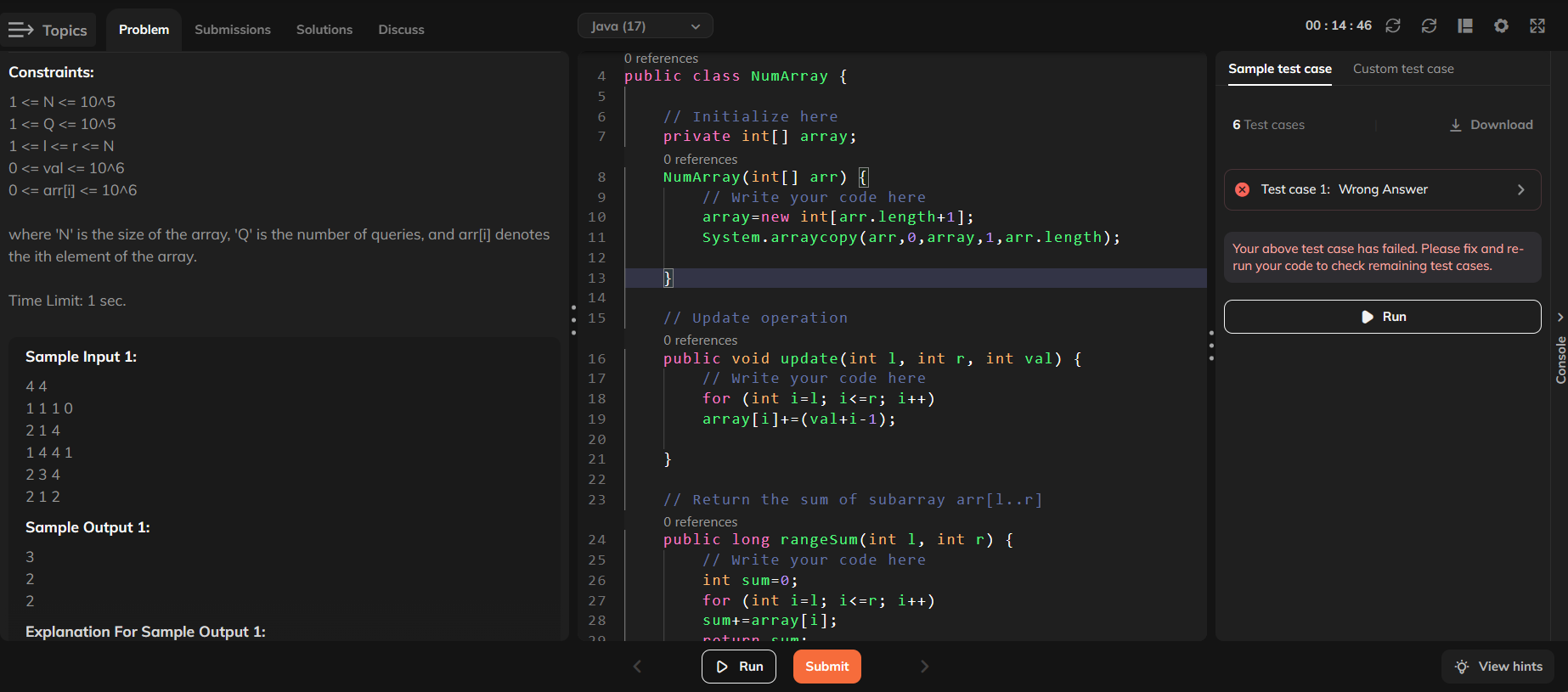  Topics Problem Submissions Solutions Discuss Java (17) 00:14:46 Constraints: 1N10??5 1Q10??5