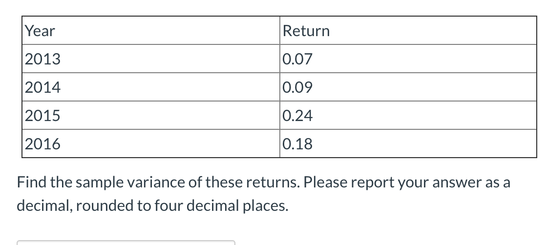  Year Return 2013 0.07 2014 0.09 2015 0.24 2016 0.18 Find