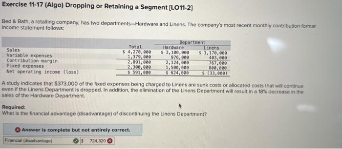 Help ! Exercise 11-17 (Algo) Dropping or Retaining a Segment [LO11-2] Bed