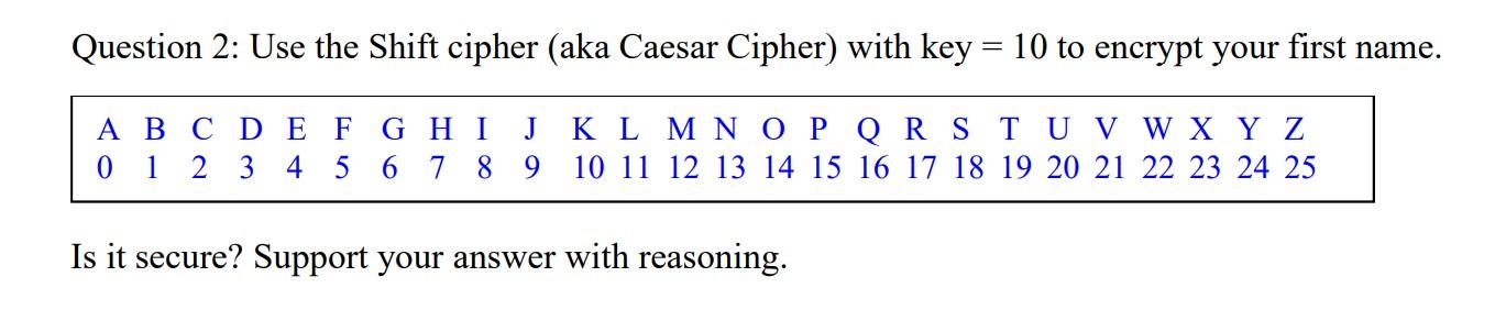 Help needed ! Thanx Question 2: Use the Shift cipher (aka Caesar