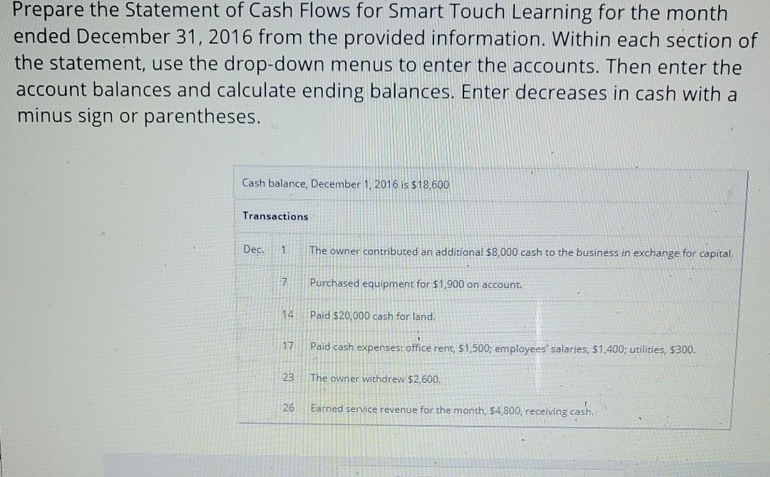 Prepare the Statement of Cash Flows for Smart Touch Learning for