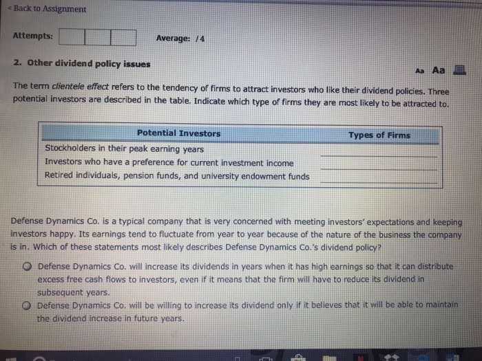 < Back to Assignment Attempts: Average: /4 2. Other dividend policy issues