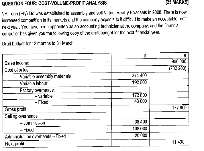  QUESTION FOUR:COST-VOLUME-PROFIT ANALYSIS [25 MARKS] VR Tech (Pty) Ltd was established