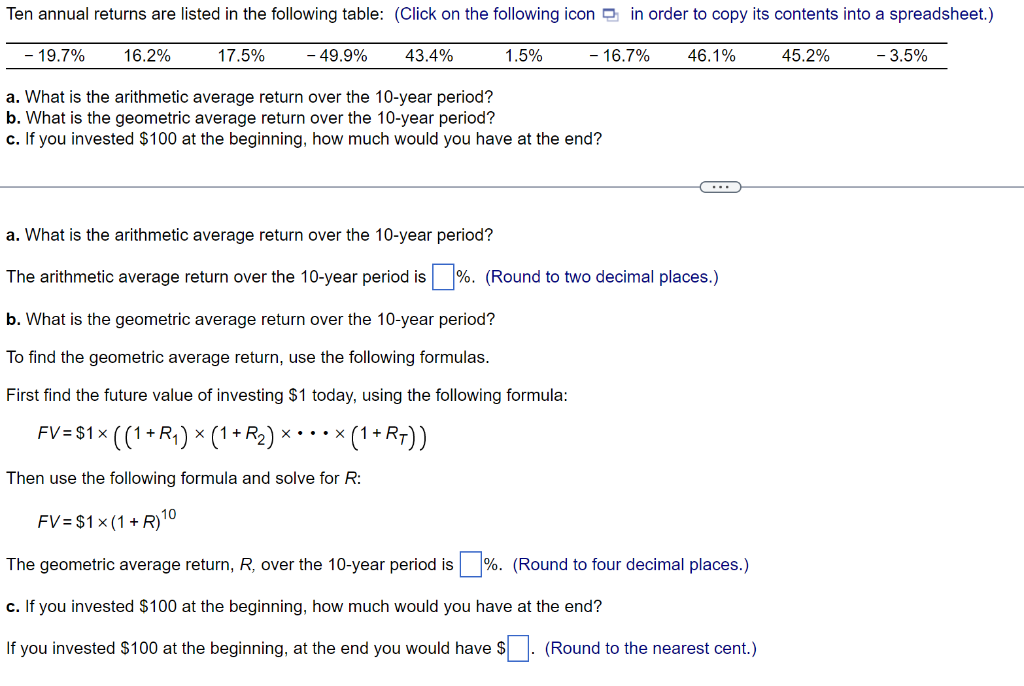  a. What is the arithmetic average return over the 10 -year