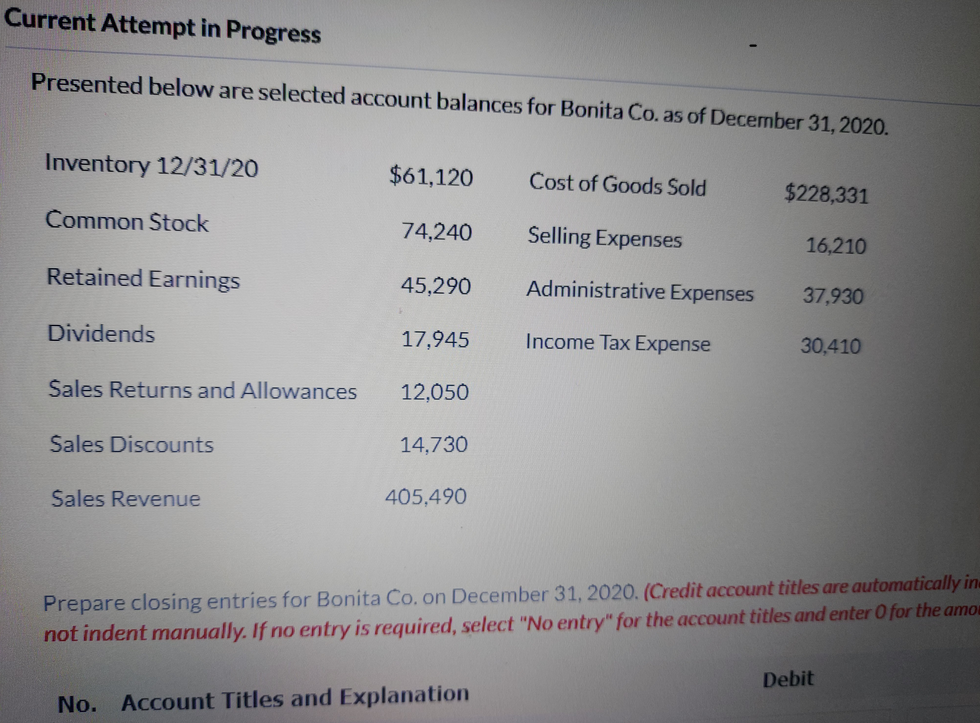 Current Attempt in Progress Presented below are selected account balances for