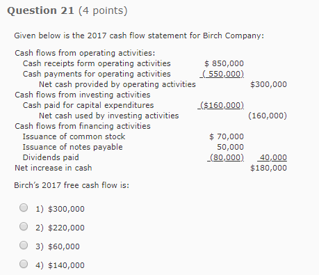  Question 21 (4 points) Given below is the 2017 cash flow