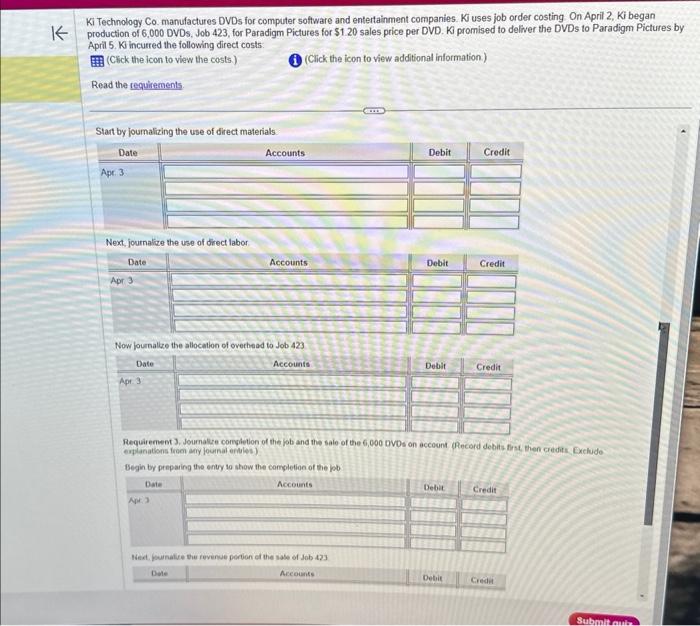 companies. Ki uses job order costing. On April 2, Ki began production