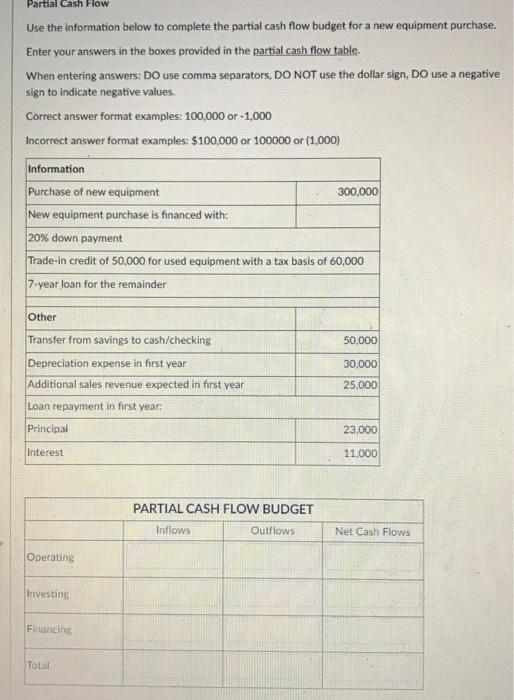  Partial Cash Flow Use the information below to complete the partial