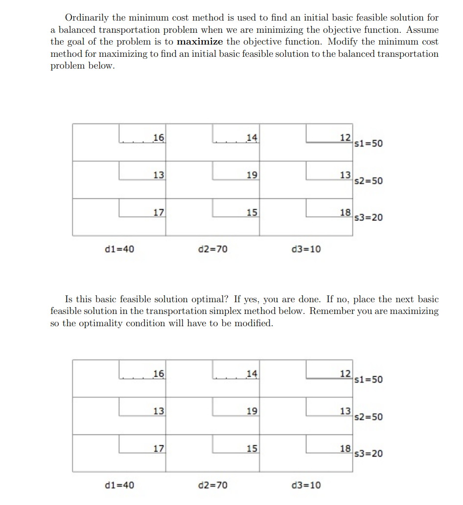 Ordinarily the minimum cost method is used to find an initial