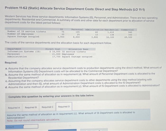 departments: Residential and Commercial. A summary of costs and other data for