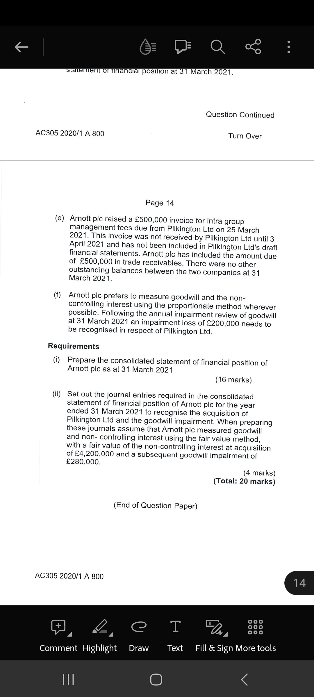  Page 14 (e) Arnott plc raised a 500,000 invoice for intra