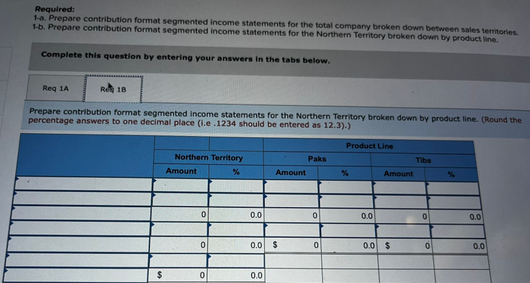 Required: 1-a. Prepare contribution format segmented income statements for the total