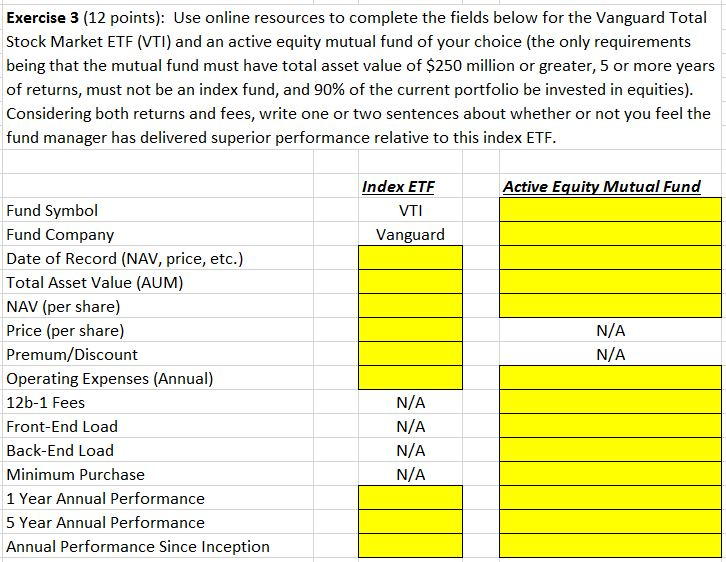 Exercise 3 (12 points): Use online resources to complete the fields