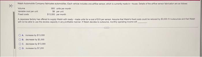  Volume Variable cost per unit Fixed costs 900 unts per month