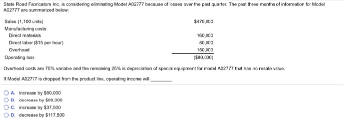  State Road Fabricators Inc. is considering eliminating Model A02777 because of
