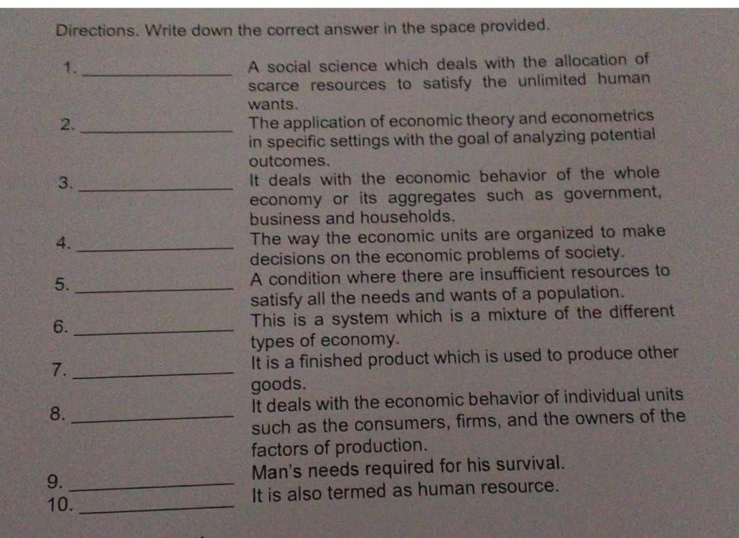  Directions. Write down the correct answer in the space provided. 1.