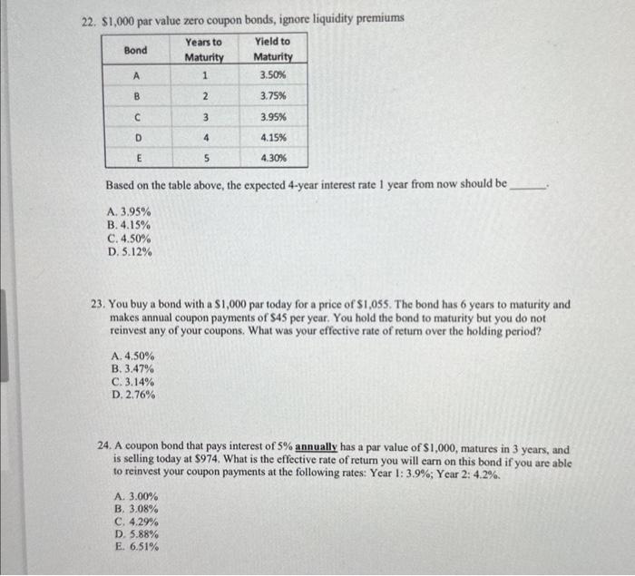 please ans all 3 thanks 22. $1,000 par value zero coupon bonds,