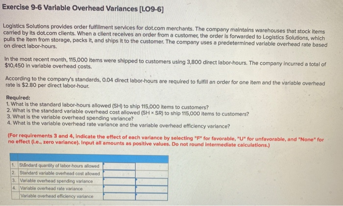  Exercise 9-6 Variable Overhead Variances [LO9-6) Logistics Solutions provides order fulfillment