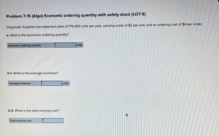 Problem 7-15 (Algo) Economic ordering quantity with safety stock [LO7-5] Diagnostic