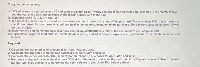 Calculate the expected cash disbursements for merchandise purchases for April, May, and