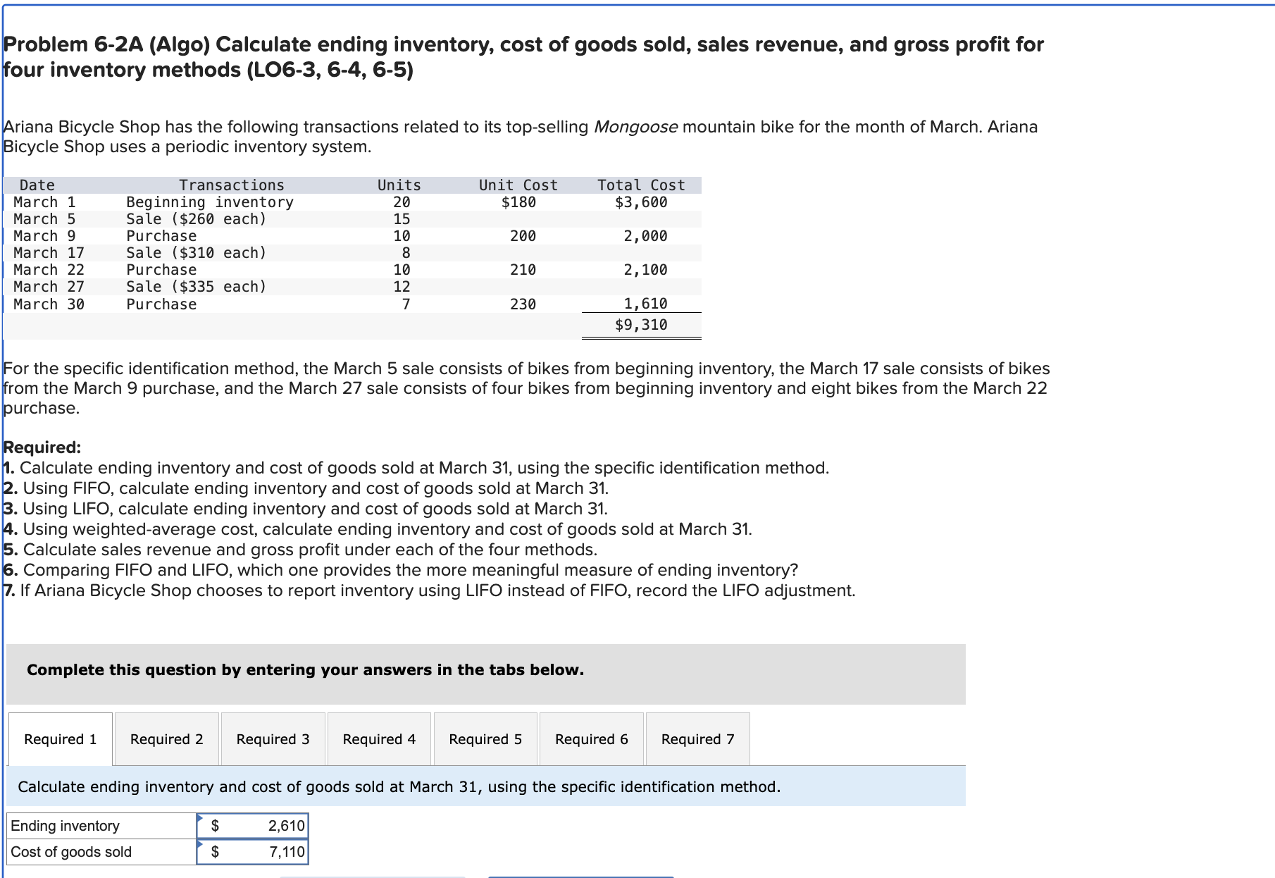  Problem 6-2A (Algo) Calculate ending inventory, cost of goods sold, sales