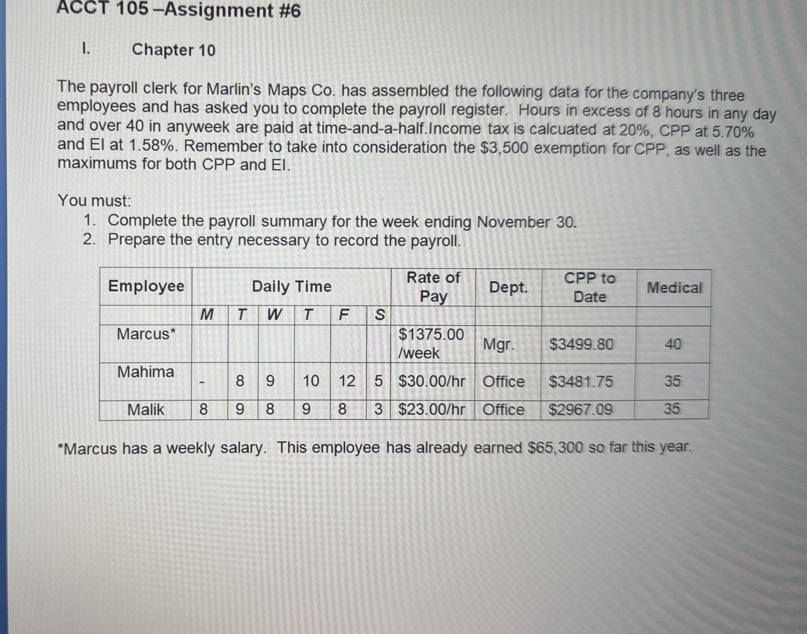  ACCT 105-Assignment #6 I. Chapter 10 The payroll clerk for Marlin's