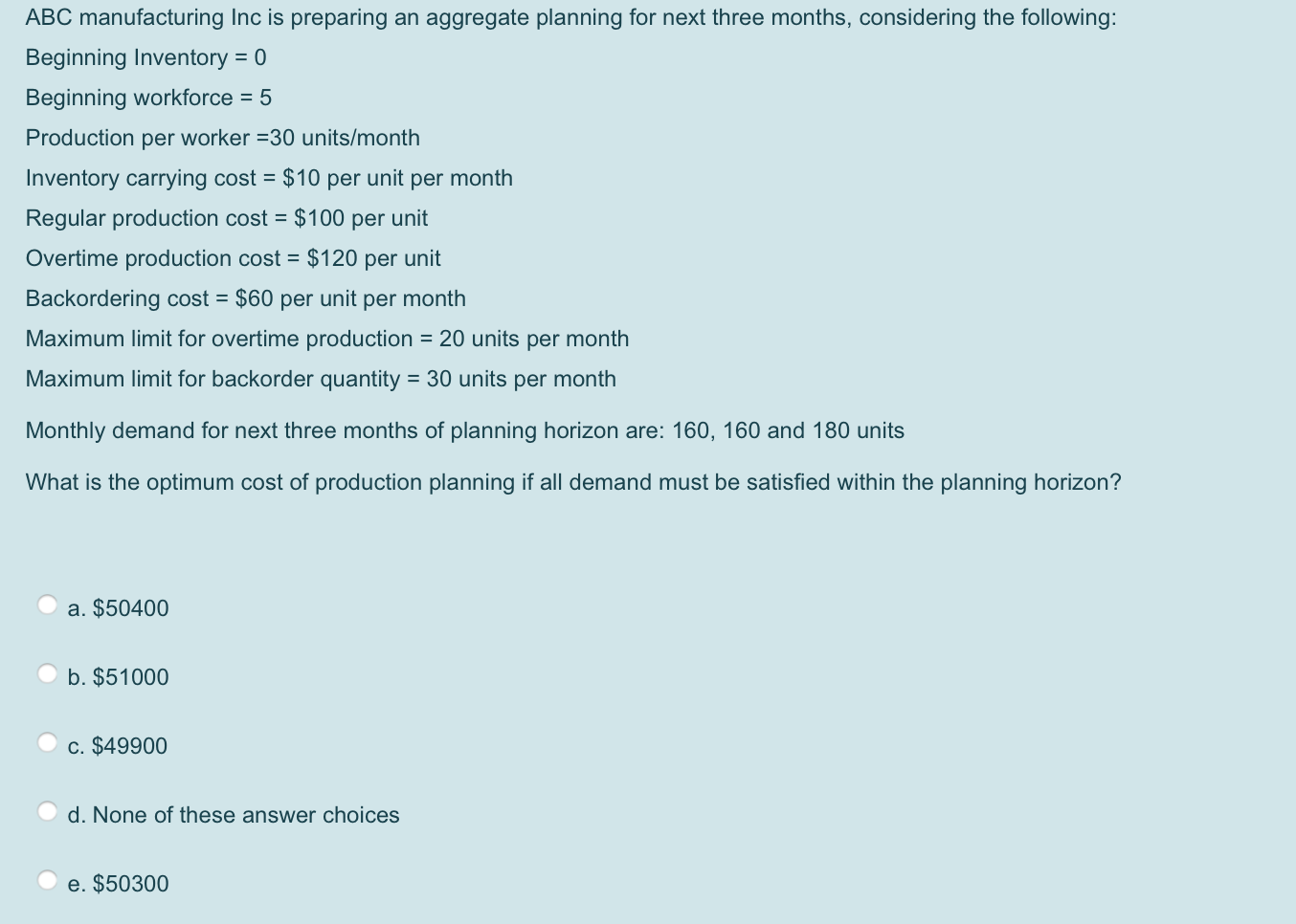 ABC manufacturing Inc is preparing an aggregate planning for next three