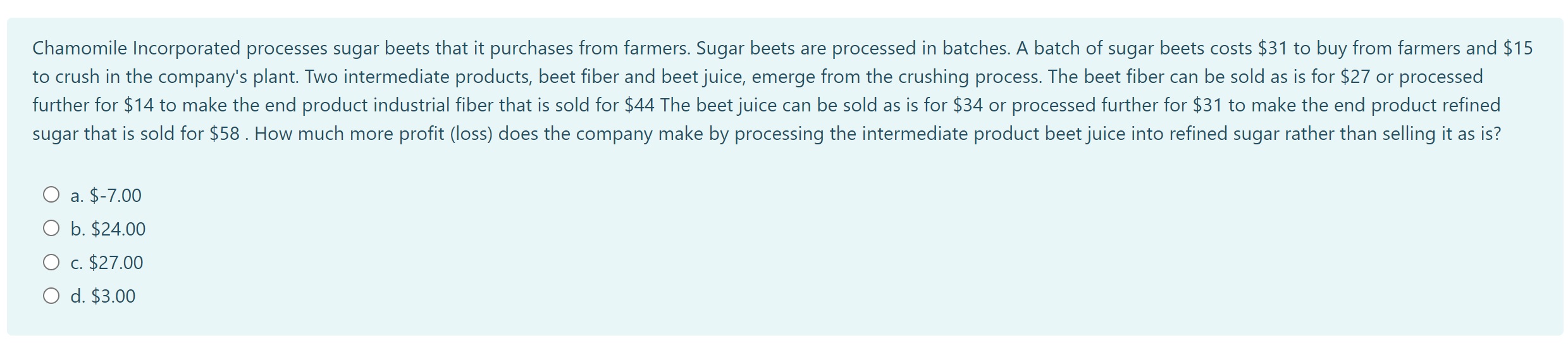  Chamomile Incorporated processes sugar beets that it purchases from farmers. Sugar