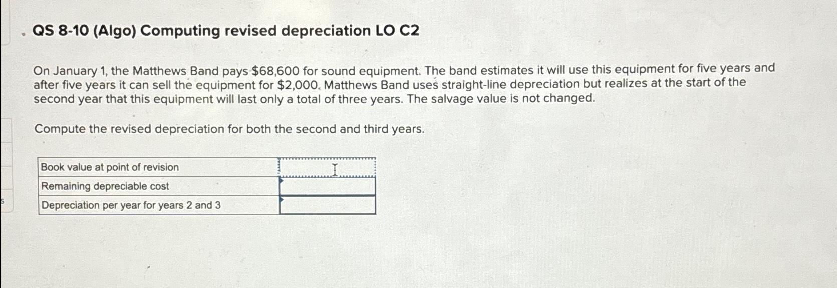  QS 8-10(Algo) Computing revised depreciation LO C2 On January 1, the