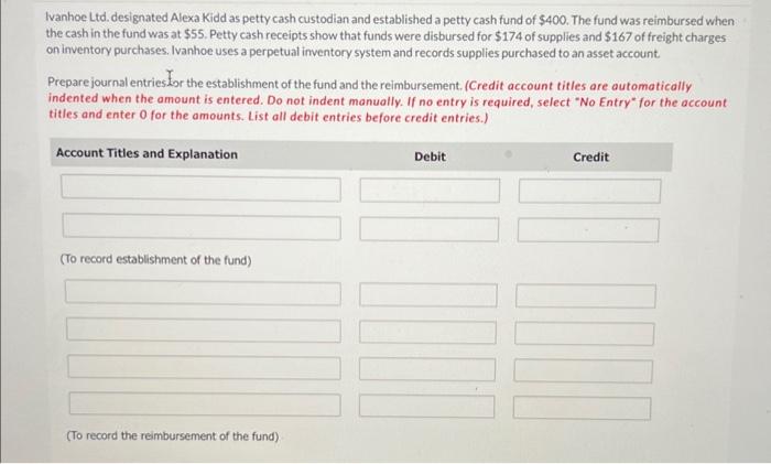 plz help Ivanhoe Ltd. designated Alexa Kidd as petty cash custodian and