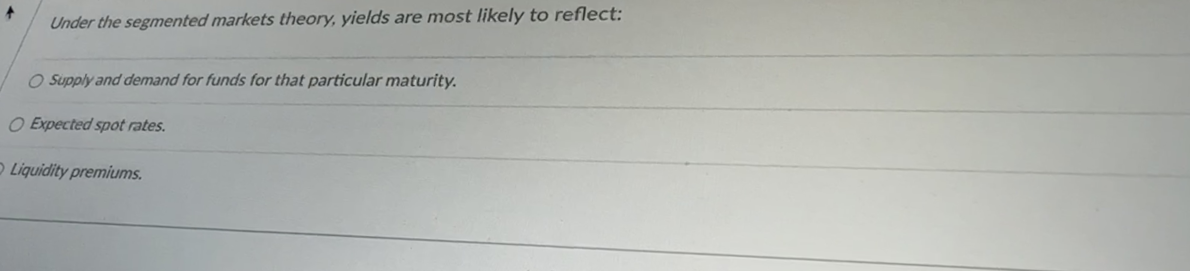  Under the segmented markets theory, yields are most likely to reflect: