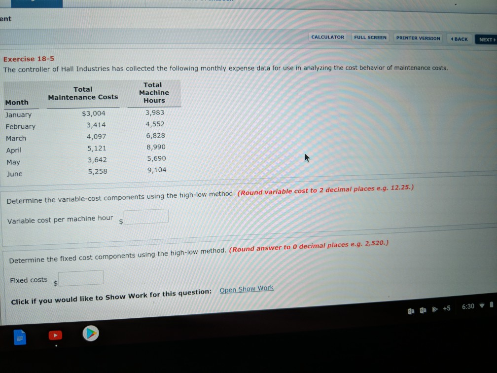  ent CALCULATOR FULL SCREEN PRINTER VERSION BACK NEXT Exercise 18-5 The