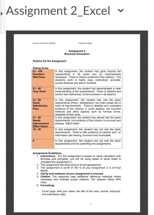  Assignment 2_Excel Business Smar_BUS20 Caradontolege Assignment 2 Business Simulation Rubrics for