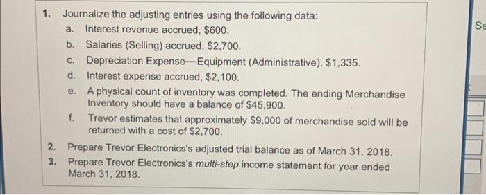 trial balance.) Read the Requirement 1. Journalize the adjusting entries using the
