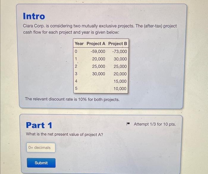  Ciara Corp. is considering two mutually exclusive projects. The (after-tax) project