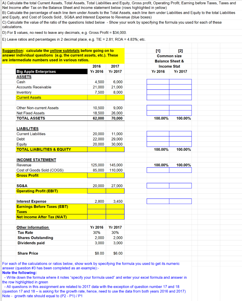  A) Calculate the total Current Assets, Total Assets, Total Liabilities and