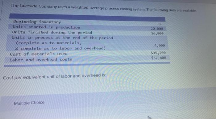  The Lakeside Company uses a weighted average process costing system. The