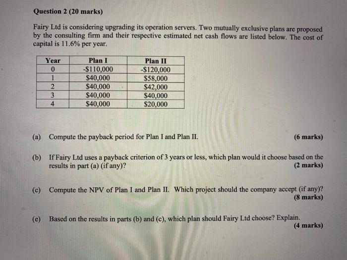  Question 2 (20 marks) Fairy Ltd is considering upgrading its operation