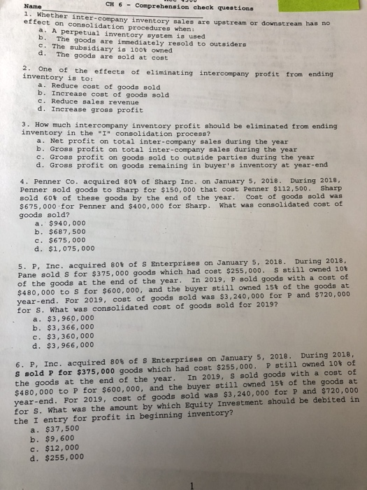  CH 6 - Comprehension check questions Name 2. Whether inter-company inventory