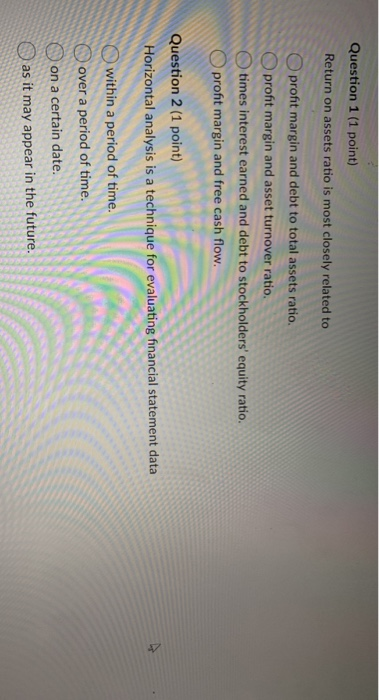  Question 1 (1 point) Return on assets ratio is most closely