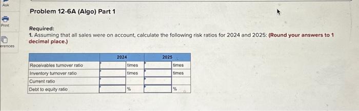 : (Round your answers to 1 decimal place.) Required information Problem 12-6A