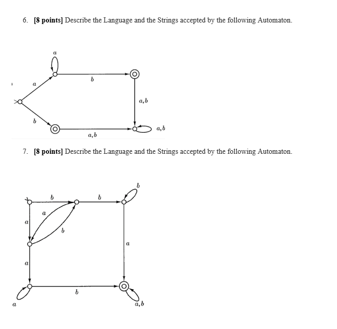  6. [8 points] Describe the Language and the Strings accepted by