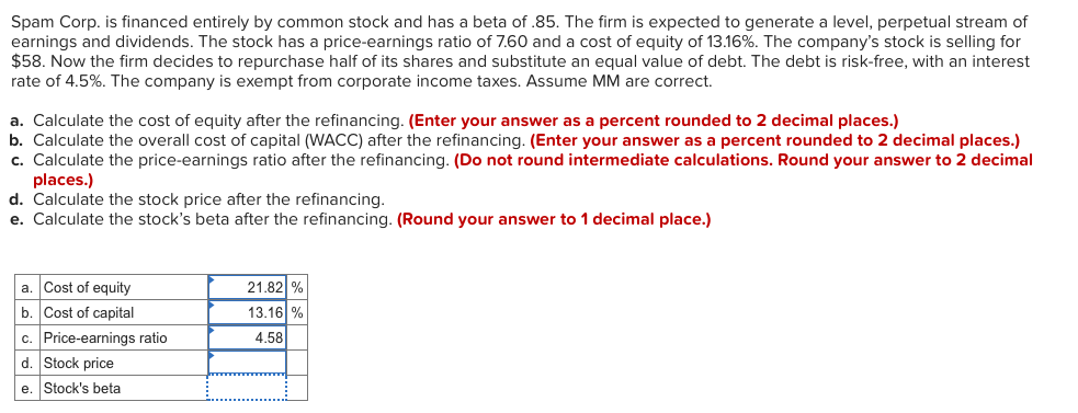 Only need help on the last two Spam Corp. is financed entirely