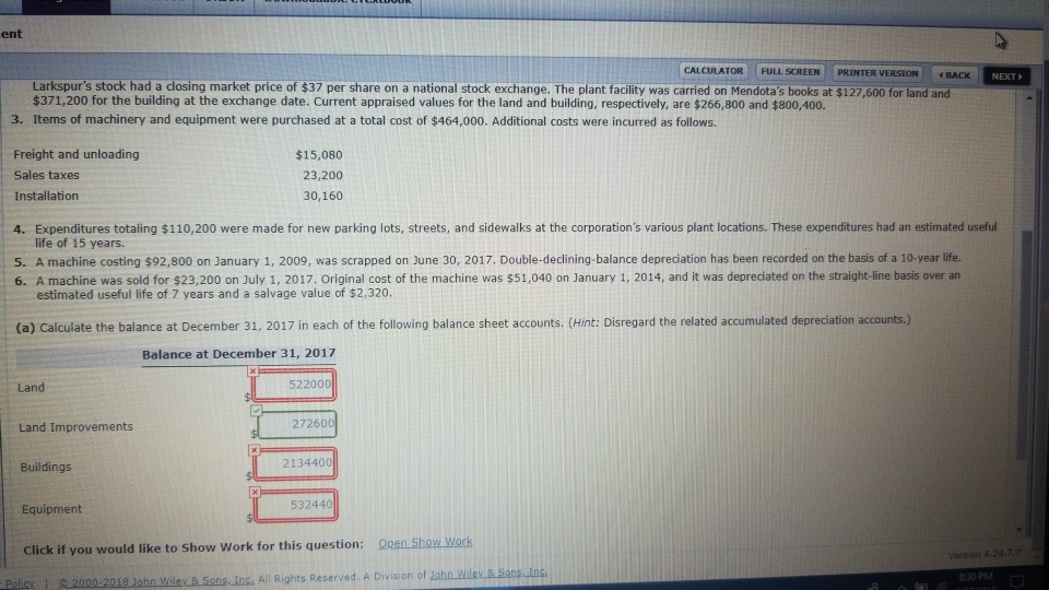 and equipment section of Larkspur Corporation's balance sheet at December 31, Land