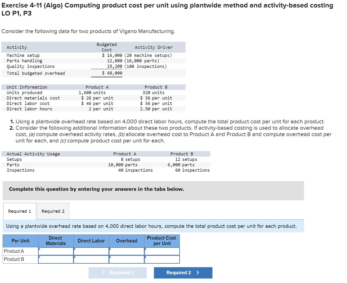 Exercise 4-11 (Algo) Computing product cost per unit using plantwide method